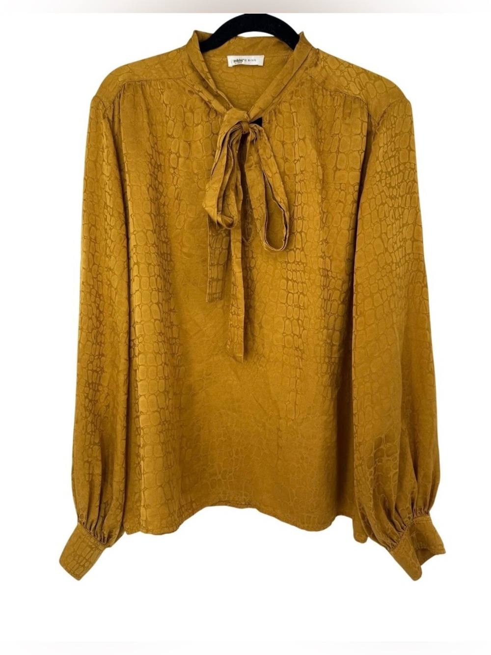 ANINE BING Women’s M Gold Animal Print Satin Silk V-Neck LS Tie Blouse